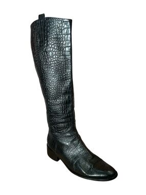 Vintage Duo Black Croc Embossed Leather Long Cowboy Boot with Zipper
